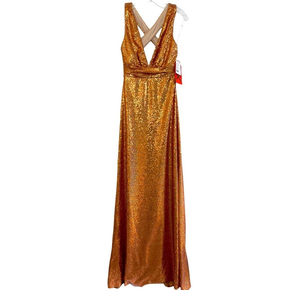 Copper Sequins Halter Low Neck Cross Back Formal Long Gown Dress worn once